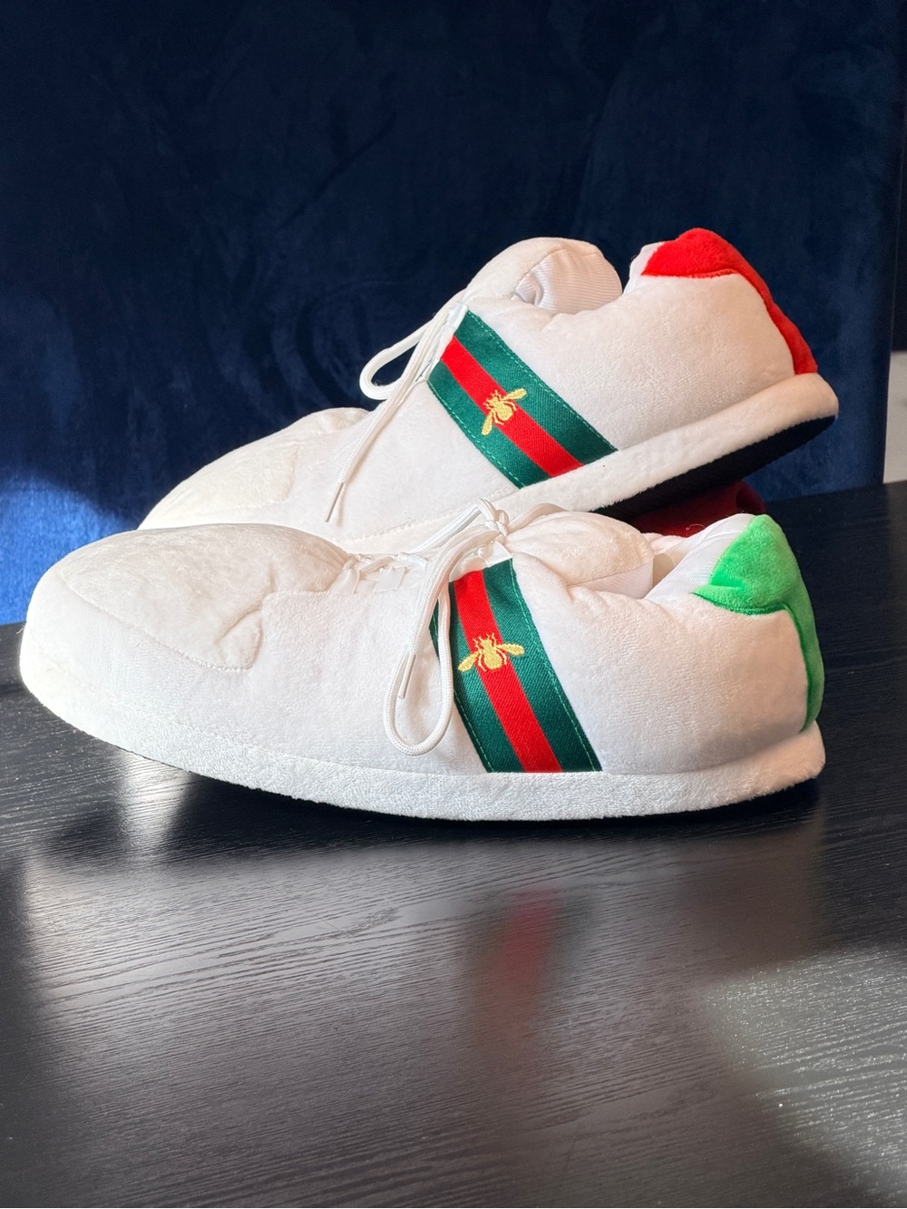 Gu€€i like Stuffed Slippers with Red & Green Stripes and Gold Bee